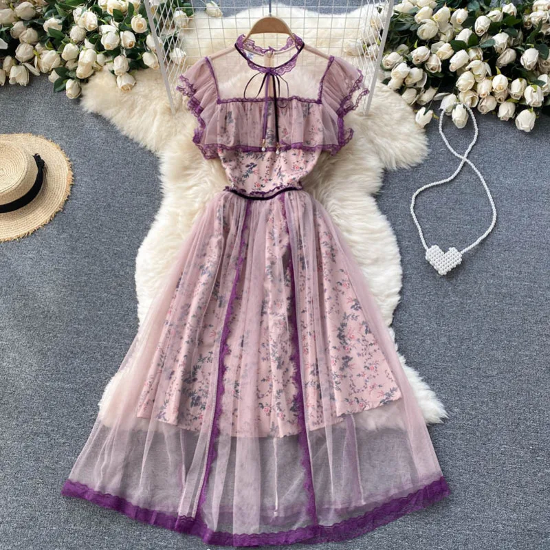 

Fashion Elegant Women Sleeveless Dress Retro Temperament Print Casual Mesh Mid Length Fragmented Fairy Dress