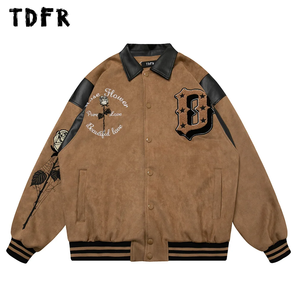 

Rose Flower Embroidery Jacket Mens Autumn Winter Patchwork Lapel Single Breasted Long Sleeve Outerwear Men