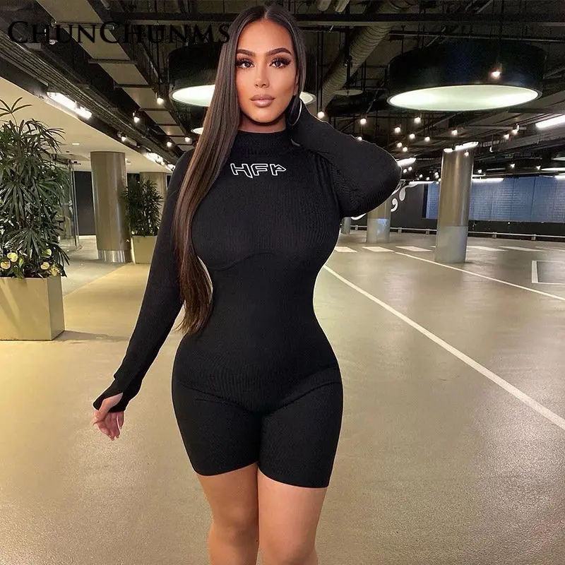Black Letter Printed Embroidery Long Sleeve Tight Shorts Jumpsuit Women Sport Jogger Romper Street Playsuit One Piece Pant 2023