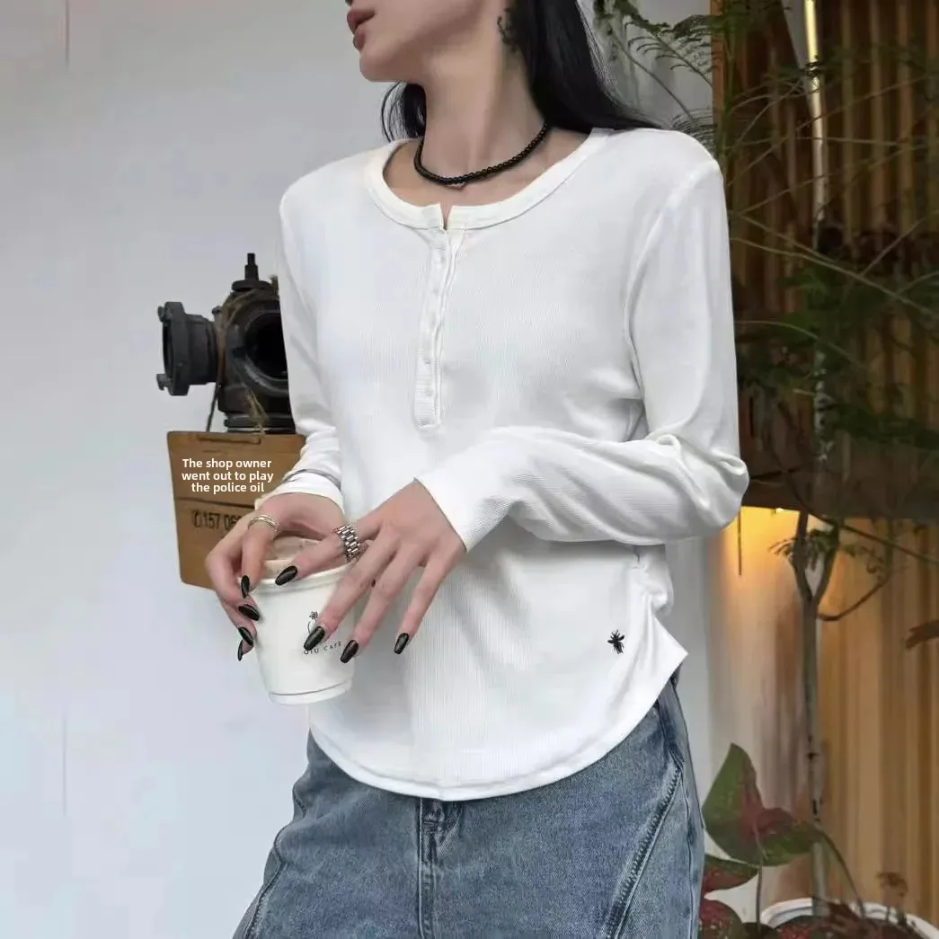 Элегантная футболка с длинным рукавом однотонная круглым вырезом простая модная