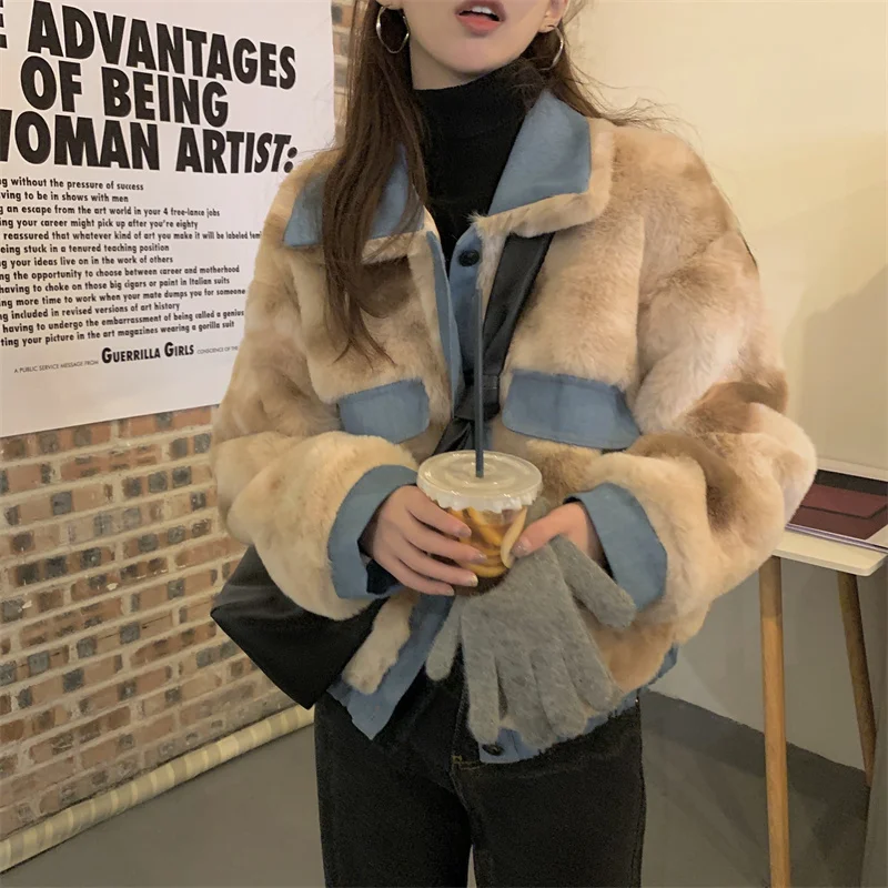 

Fashion Contrast Color Faux Fur Jacket Ladies Autumn Thick Plush Short Coat Woman Retro Lapel Single Breasted Warmth Women Top