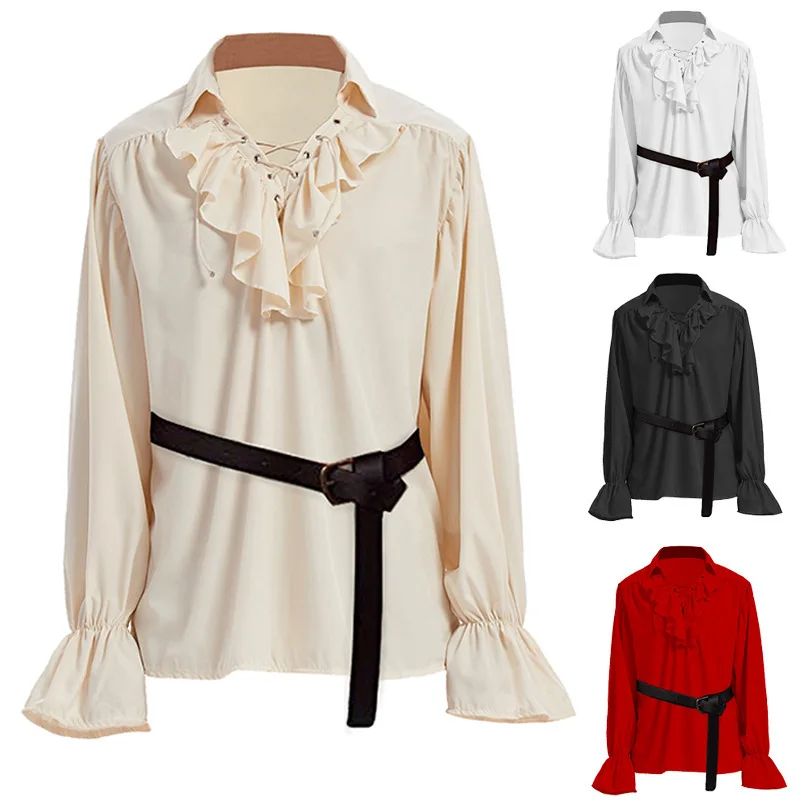 

Men Shirts Long-sleeved Ruffled Tie V-neck Lantern Sleeves Loose Solid Color Retro Medieval Spring and Autumn Shirt Top Pullover