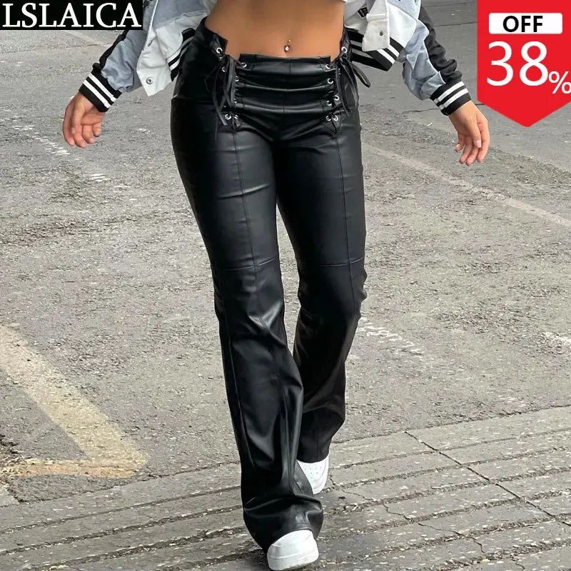 

Wholesale Items and Dropshipping Black Pants Women Fashion 2022 Casual PU Leather High Waisted Hollow Out Bandage Trousers Slim
