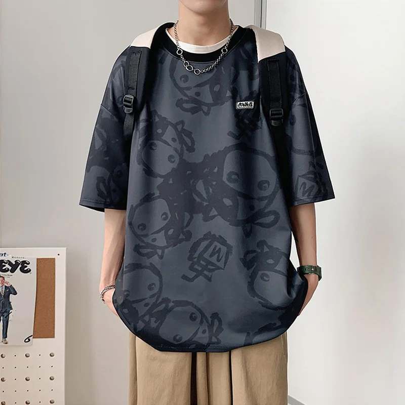 

Summer Short Sleeve Shirt Men Fashion Baggy Cartoon Elements T-Shirt Hip Hop Streetwear Casual Black Top Oversized Male Clothes