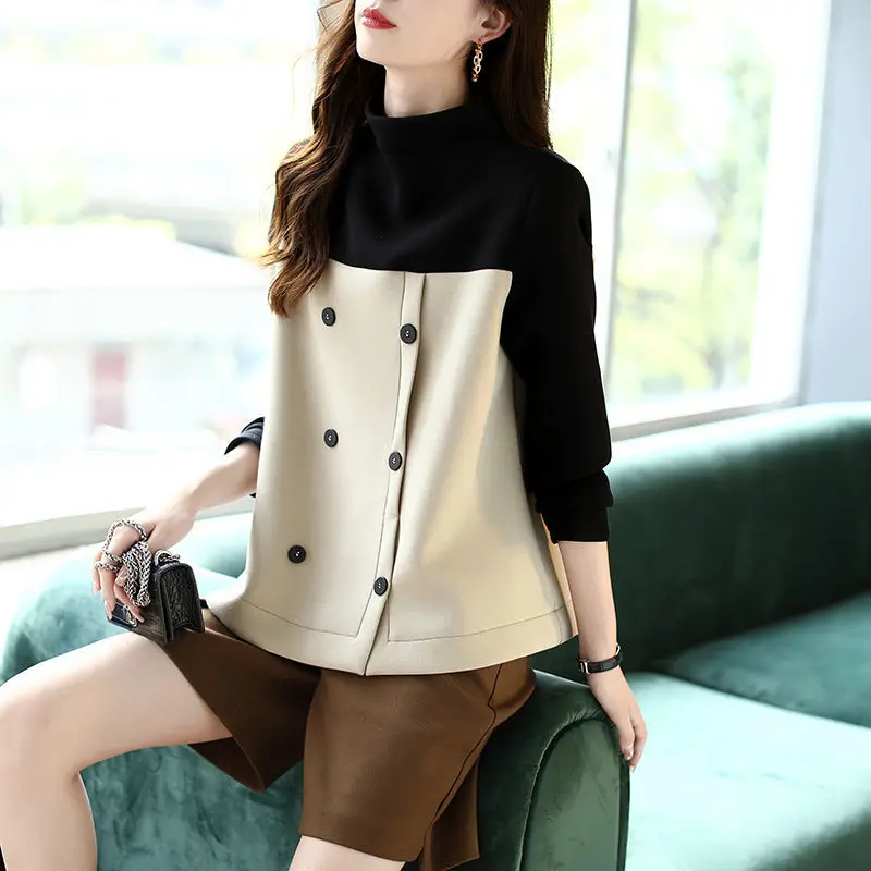 

Women hoodies 2022 Spring and Autumn New Korean version of the loose wild stitching semi-high collar long sleeve sweater women