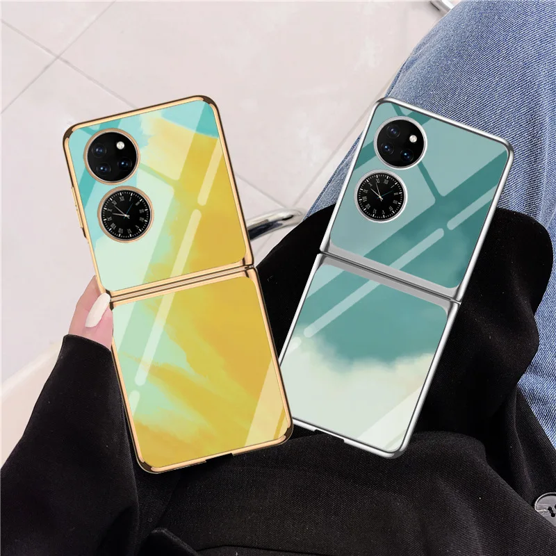 

P50 Pocket New Funda Flip Case For Huawei P50 Pocket Gradient Marble Plating Tempered Glass Coque Phone Case Cover Capa