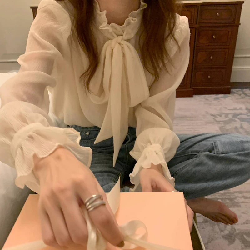 

Женская модная рубашка с воротником-стойкой и рукавами-фонариками, 2023