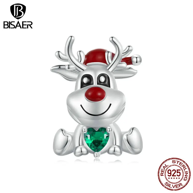 

BISAER 925 Sterling Silver Cute Christmas Elk Charm Heart Green Zircon Bead Plated Platinum Fit Women DIY Bracelet Fine Jewelry