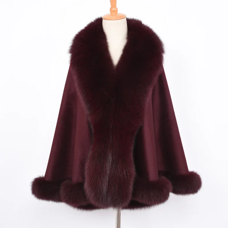 Women Fashion Real Fox Fur Poncho Solid Elegant Cashmere Capes Winter Thicken Warm All-match Fur Cloak For Women Top Quality