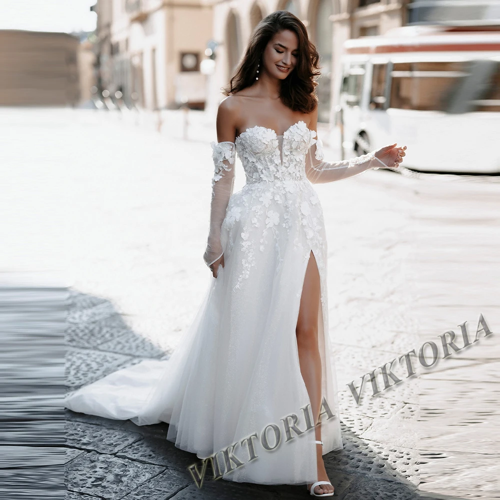 

VIKTORIA Fancy Wedding Dresses For Woman Slit Strapless 2024 Bridal A-LINE 3D Flower Appliques Vestidos De Novia Custom Made