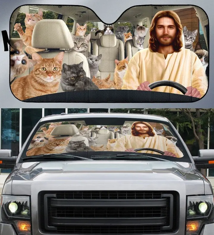 

Солнцезащитный козырек на лобовое стекло автомобиля с изображением Иисуса и кота