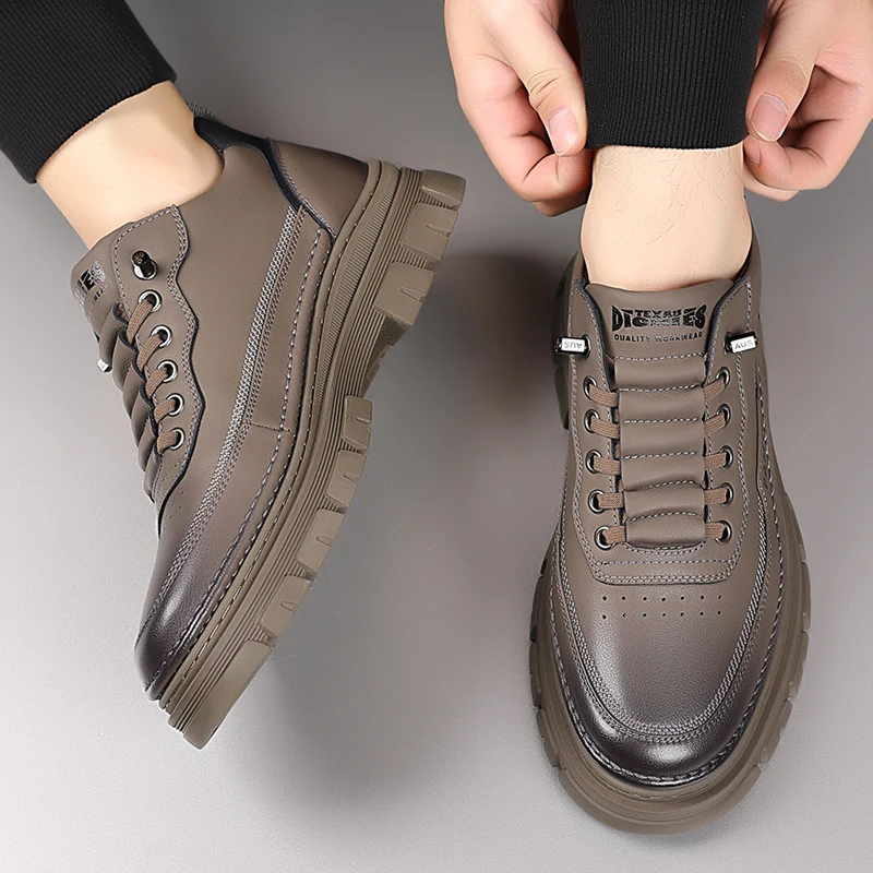 Мужские повседневные туфли черные кожаные на толстой подошве без шнуровки