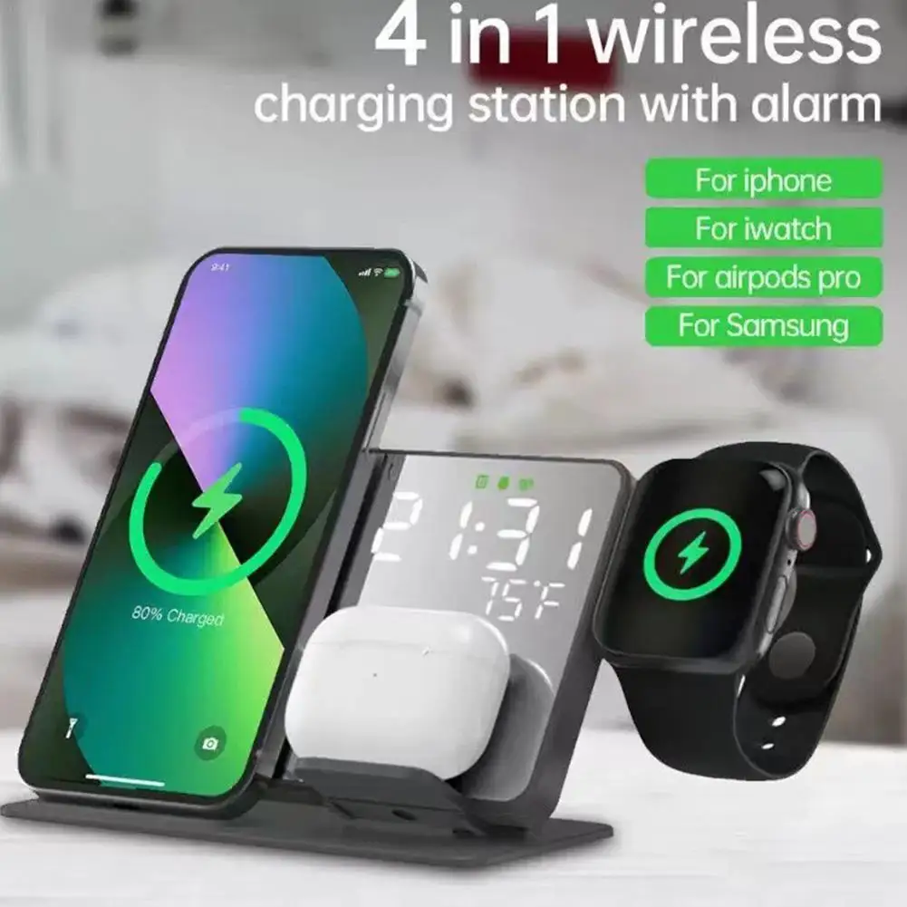 

4 in 1 Wireless Charger for Samsung Galaxy S23 S22 Ultra Fast Charging Dock Station for Galaxy Watch 5 Pro Buds LED Alarm Clock