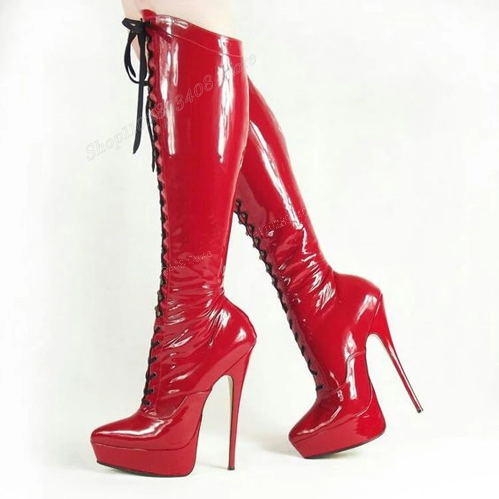 Женские лакированные сапоги до колена красные на платформе и высоком
