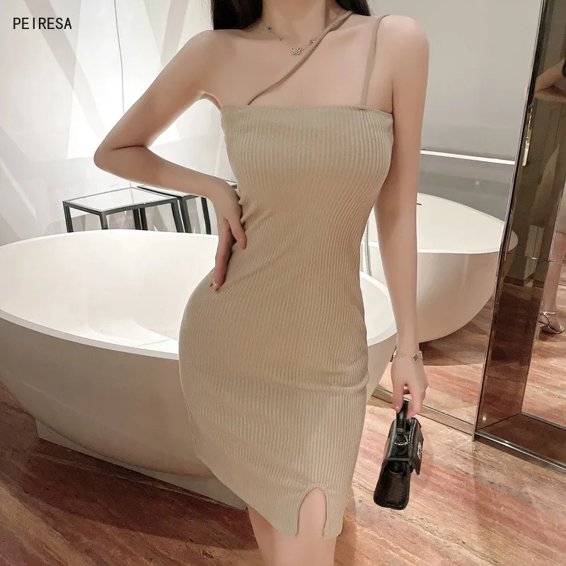 

2022 Fashion Women Sexy Bodycon Party Dresses Sleeveless One Shoulder Backless Straps Clubwear Bodycon Dress Hip Wrap