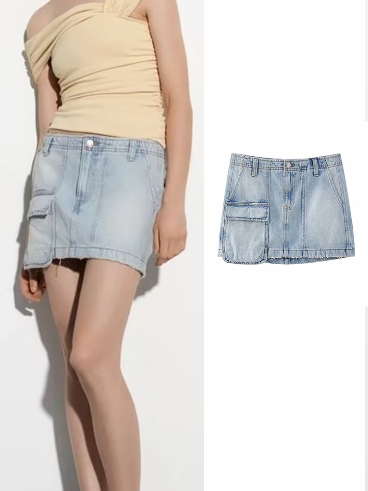

2023 Women Denim Mini Skirts Y2k Mid Waist With Pockets Skirt Woman Fashion Streetwear Sexy Blue Short Skirts