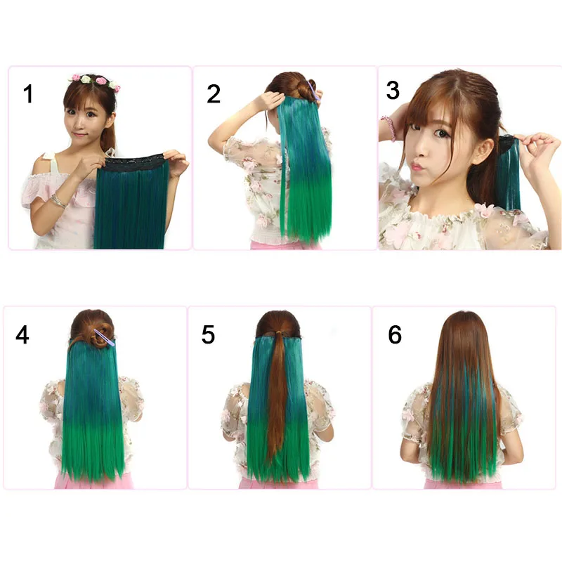 Фото Зажим для наращивания волос Zolin, прямые волосы, цельный с 5 зажимами, красочный цвет омбре, синтетические шиньоны для косплея на Хэллоуин №3