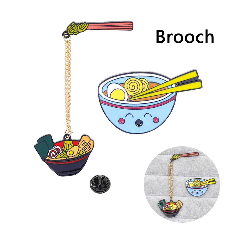 

New Japanese Ramen Brooch Creative Cartoon Noodle Pin Fashion Alloy Clothes SchoolBag Cute Jewelry Accessory Pin Chain Set Gift