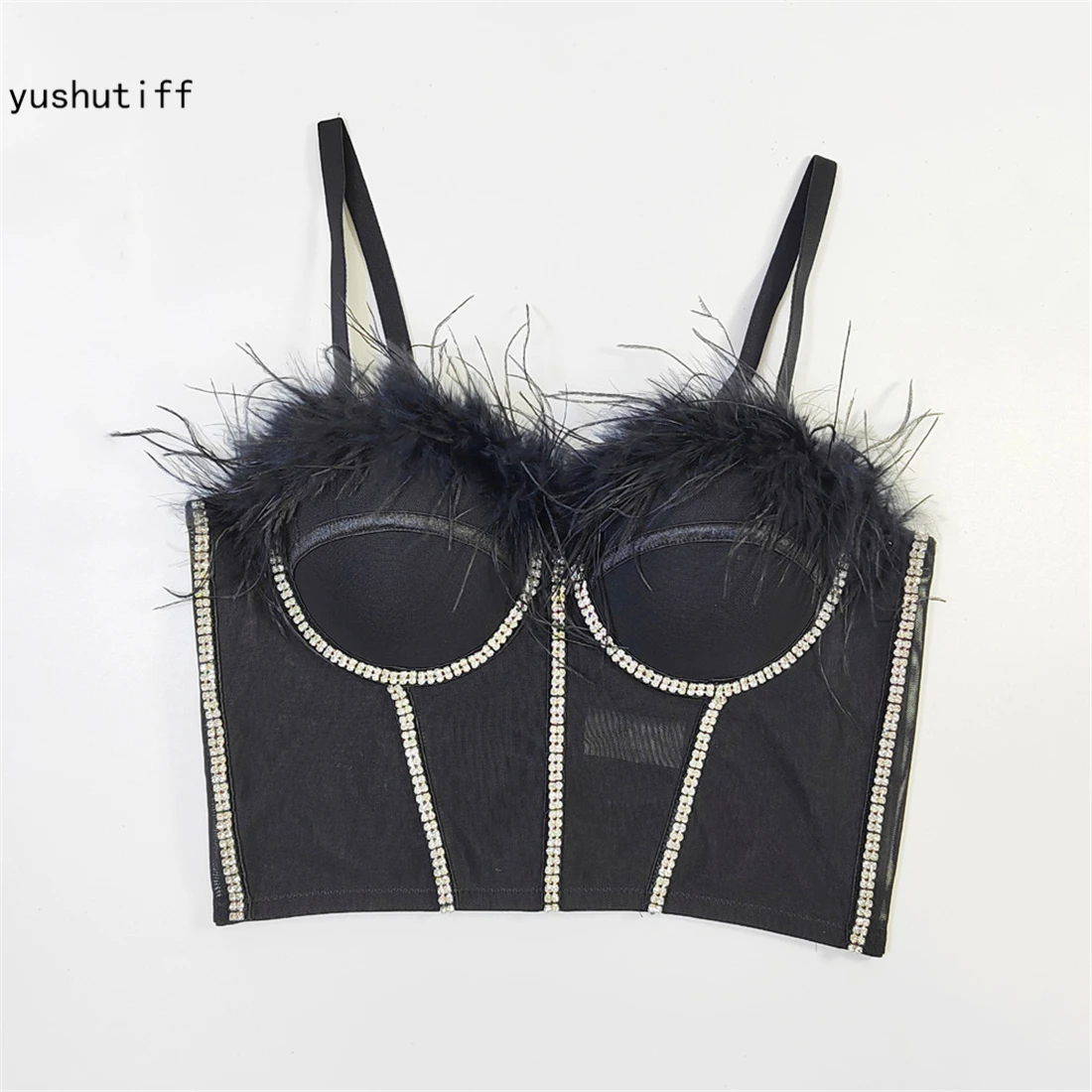 

Crop Top Fashion Nightclub Rhinestone Feather Corset Bra Coquette Clothing Rave Bustier Female Summer Party Sleeveless Vests