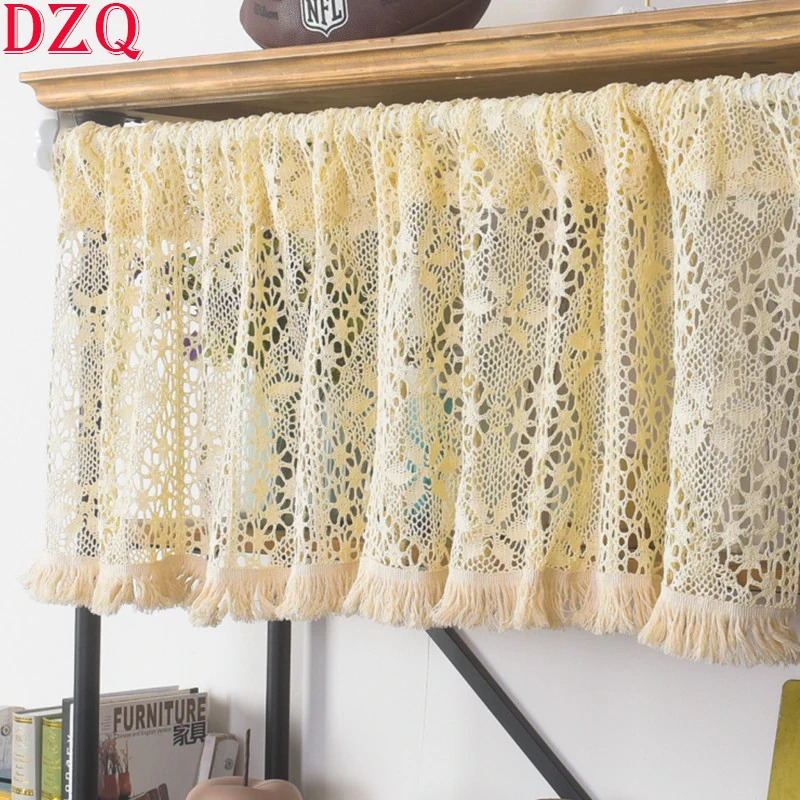 

American Country Crocheted Geometry Hollow Short Curtains Tassel Rhombus Pattern Half Curtains for Kitchen Door or Window #A141