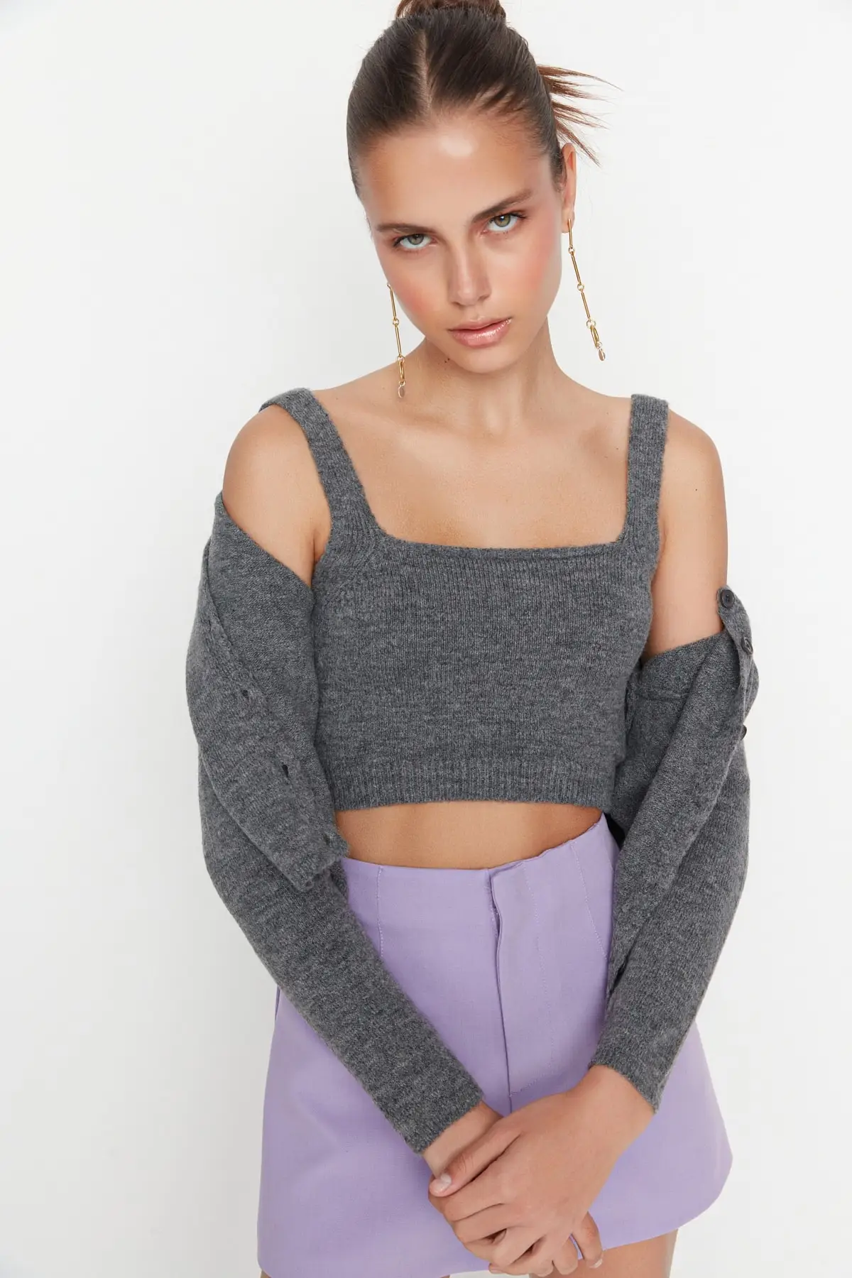 

Anthracite Crop Button Detail Blouse-Cardigan Knitwear Suit TWOAW21HI0107