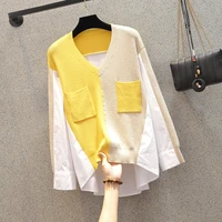 2021 autumn winter casual loose patchwork contrast knit t shirt long sleeve knitting bottoming top v neck outer wear