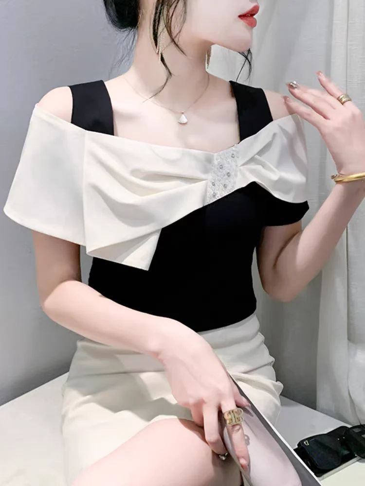 Женская хлопковая Футболка с бантом летний топ открытыми плечами и вырезом