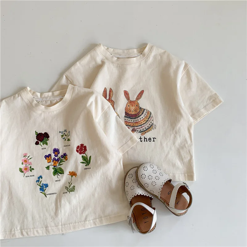 Rabbit Flower Printed T-shirt Children Graphic T Shirt Summer Toddler Cartoon Short-sleeved Cartoon Tops Boys Girls Camisetas