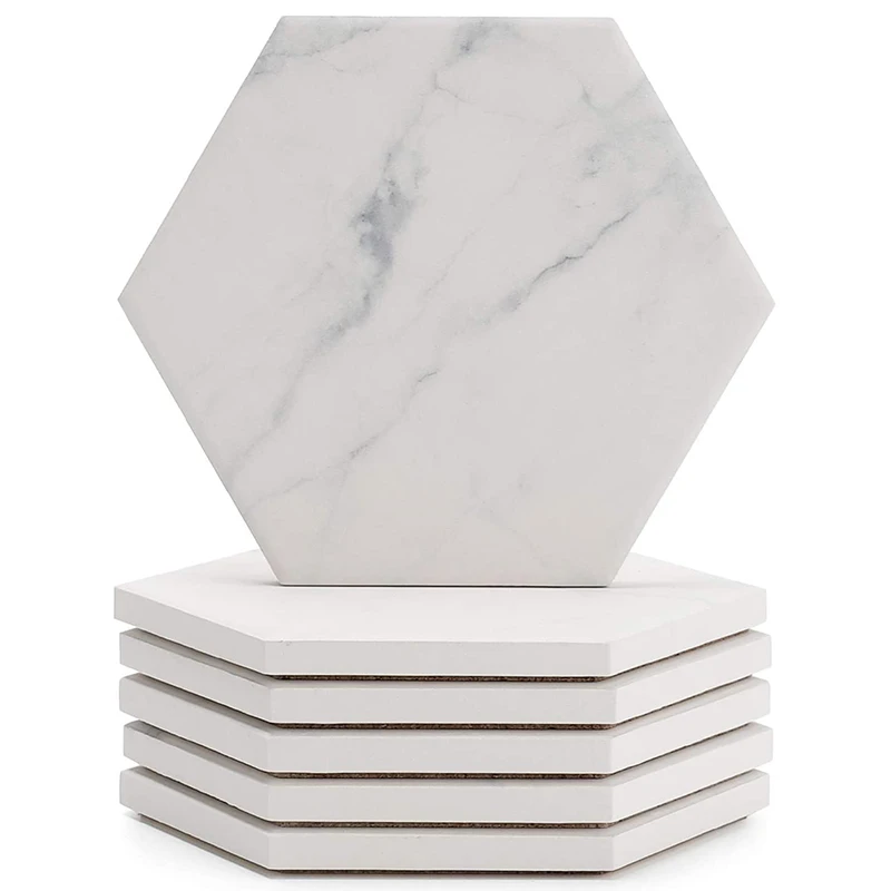 

Marble Pattern Absorbent Ceramic Coaster With Cork To Prevent Furniture From Staining And Overflowing, Six-Piece Set