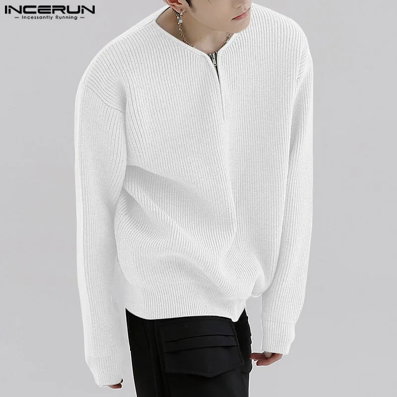 

INCERUN Men T Shirts V Neck Long Sleeve Streetwear 2023 Zipper Casual Men Clothing Solid Color Korean Leisure Tee Tops S-5XL