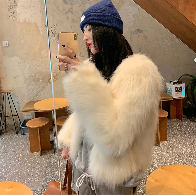 2022 Women Winter Faux Fox Fur Coat Korea Fashion Elegant Warm Coats Loose Outercoat Lady Party Club Outfits Casual White Black