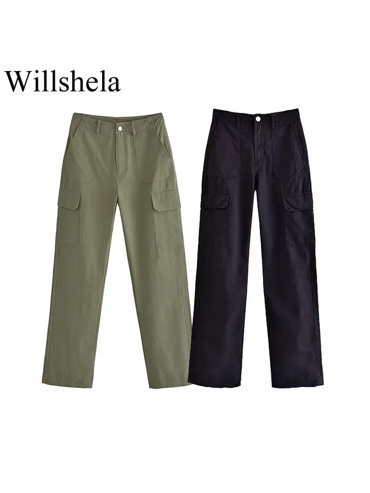 

Willshela Women Fashion Solid Trousers With Side Pockets Vintage High Elastic Waist Full Length Female Office Lady Pants Outfits