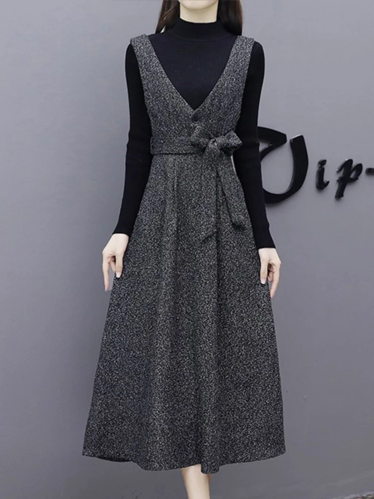 

2023New Autumn Winter Long Two-Piece Suit Dresses Women's Female Fashion 5XL Slim Bottoming Dress + Knitt Sweater Female Clothes