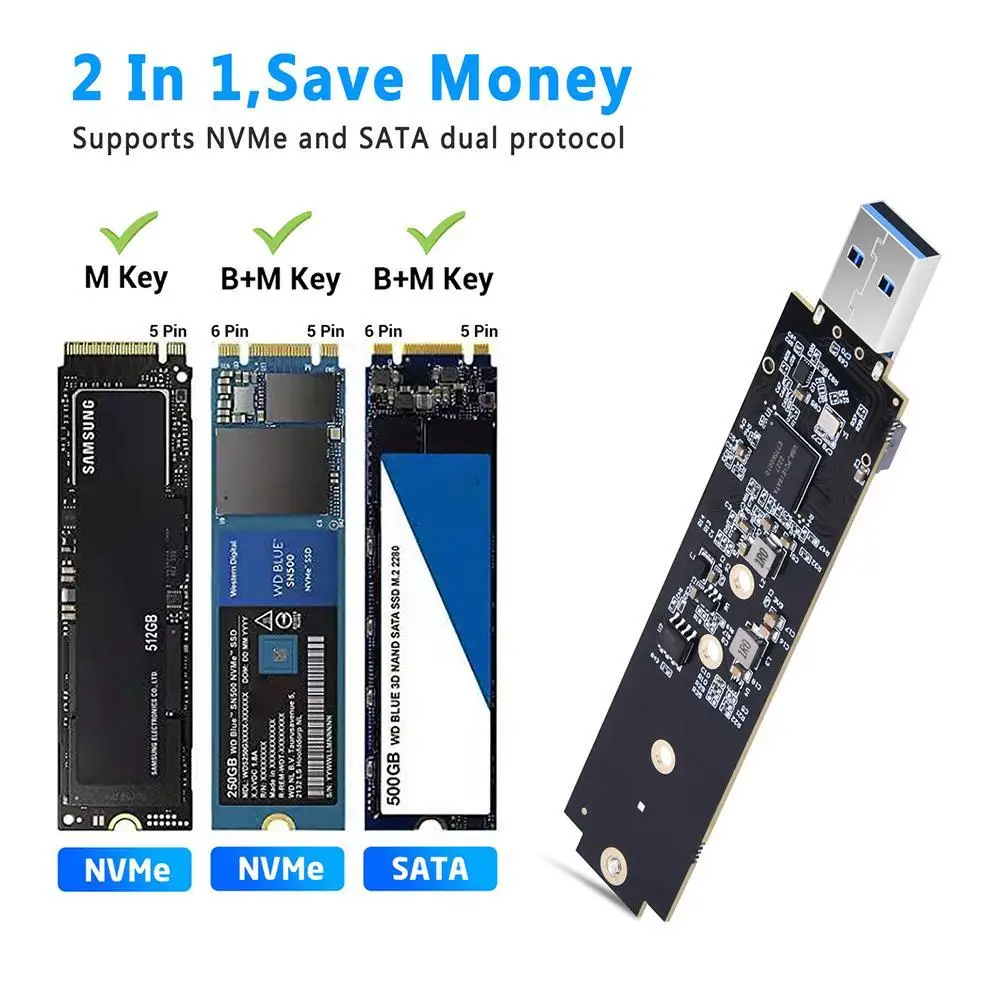 Адаптер M.2 NVMe NGFF к USB с двумя протоколами SATA M2 SSD-плата USB3.1 10 Гбит/с A-конвертер для