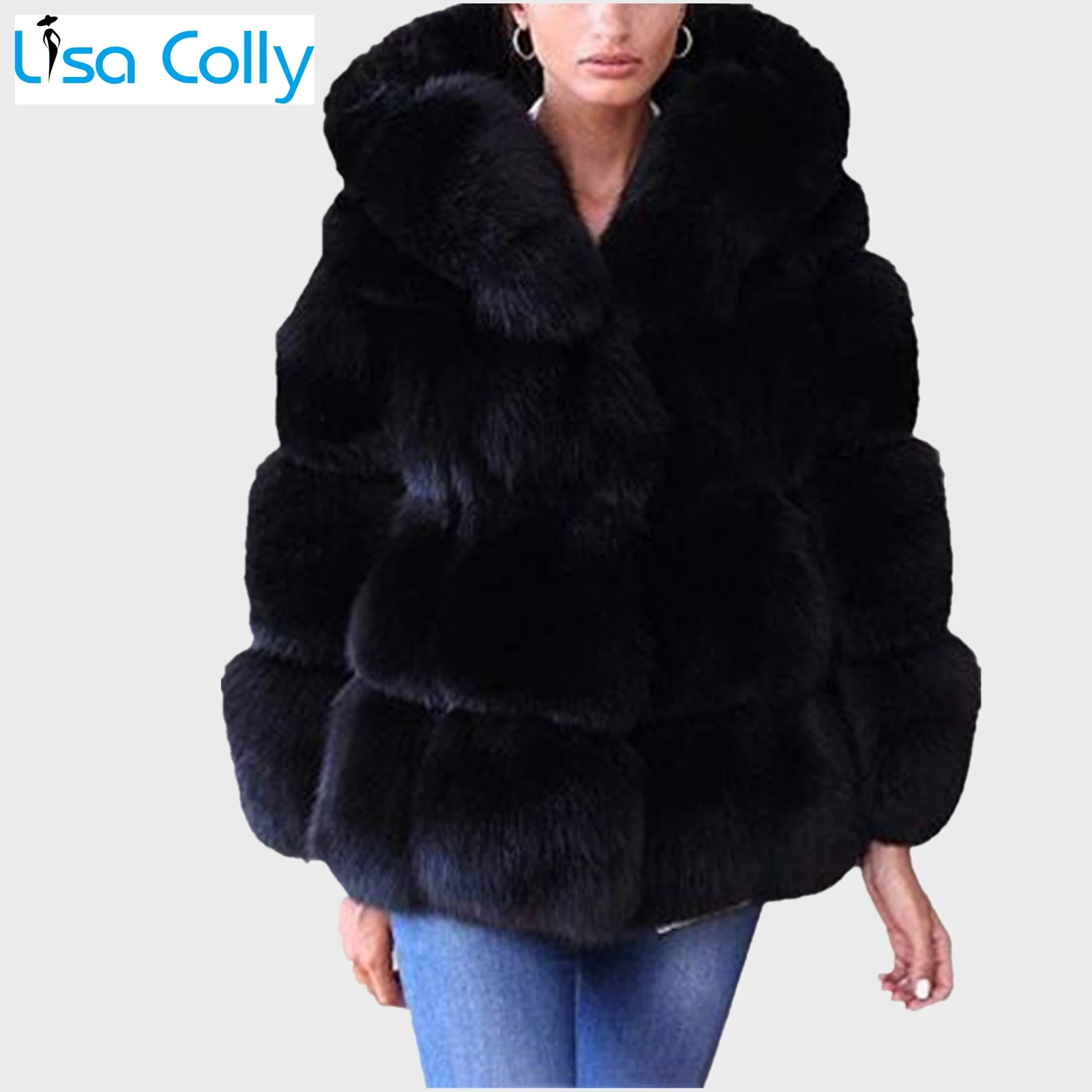 Women Winter Overcoat Outwear Long Sleeve Collar Luxury Faux Fox Fur Coat Jacket Faux Fur Black Coat With Hooded