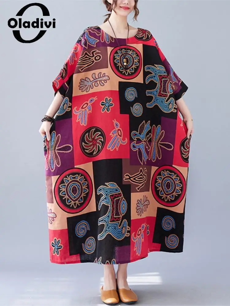 

Oladivi Oversized Cotton Linen Dress for Women Large Size Fashion Print Short Sleeve Casual Loose Long Dresses 2022 Summer 5213