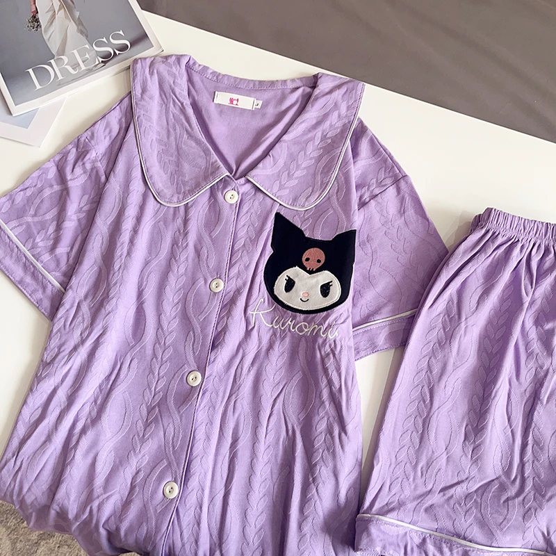

Kawaii Sanrios Kuromi Женская одежда для сна из тонкого чистого хлопка с коротким рукавом милый жаккардовый Домашний набор для лета