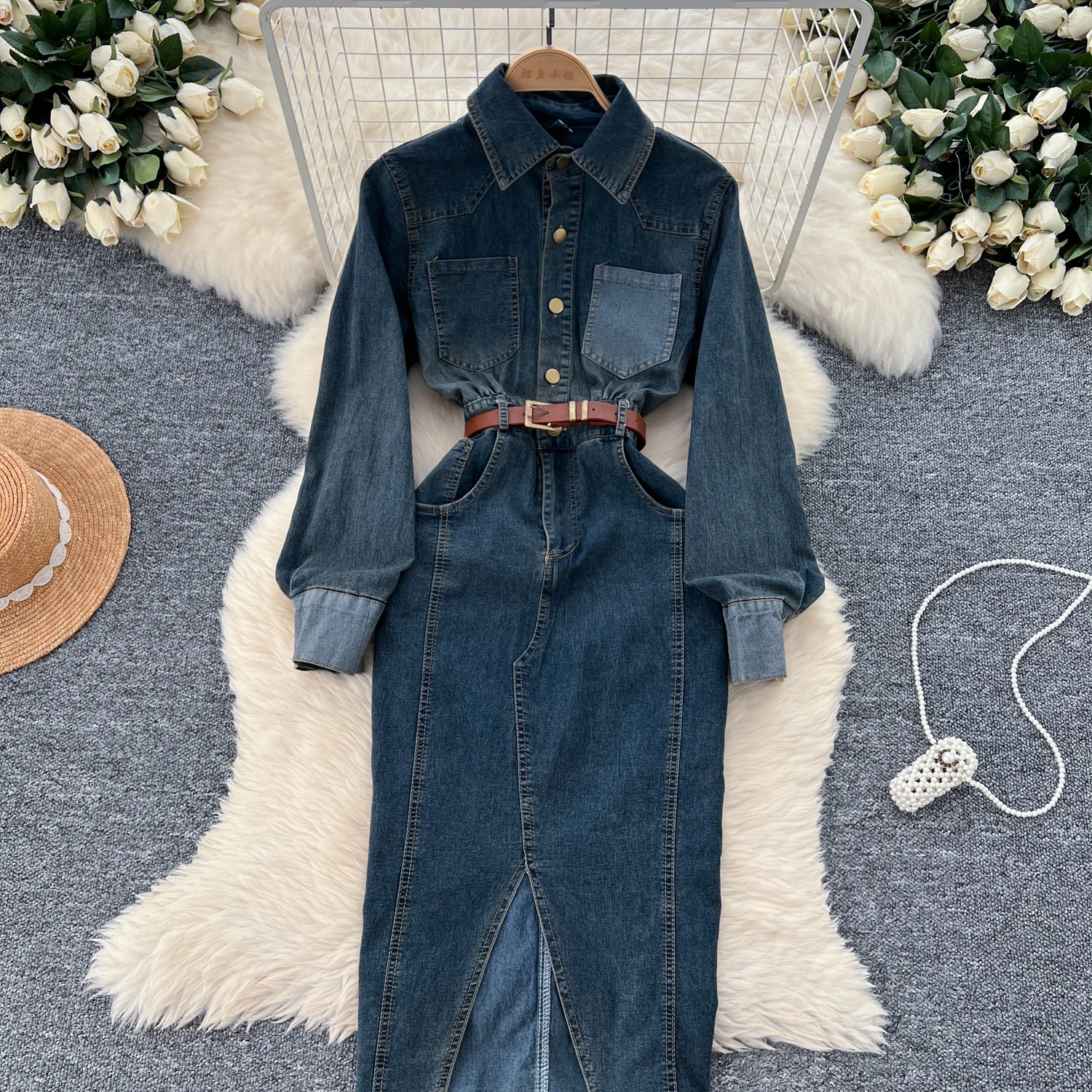 Женское модное джинсовое платье с длинными рукавами и поясом платье-рубашка