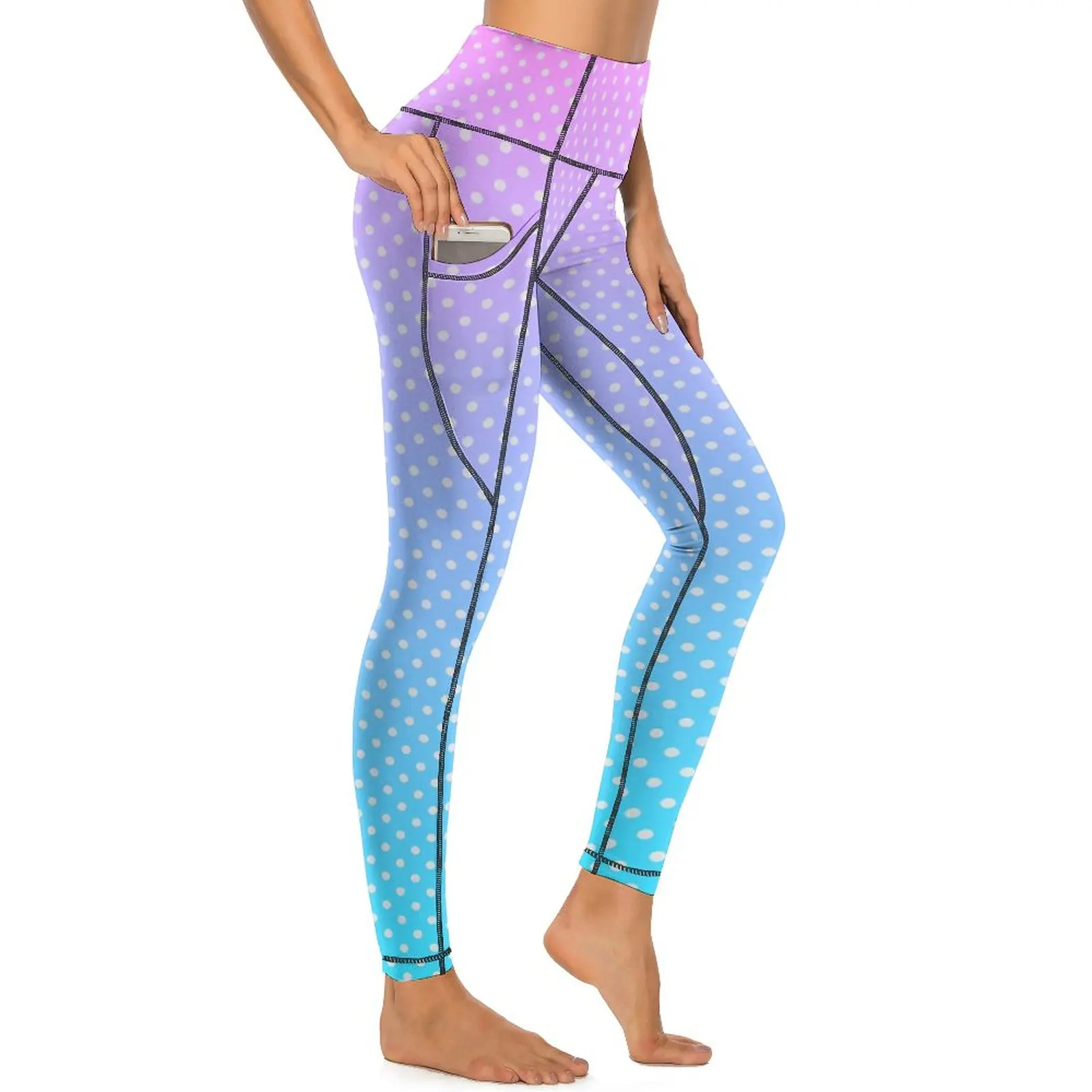 

Polka Dots Print Yoga Pants Pockets Pastel Gradient Leggings Push Up Breathable Yoga Sports Tights Quick-Dry Running Leggins