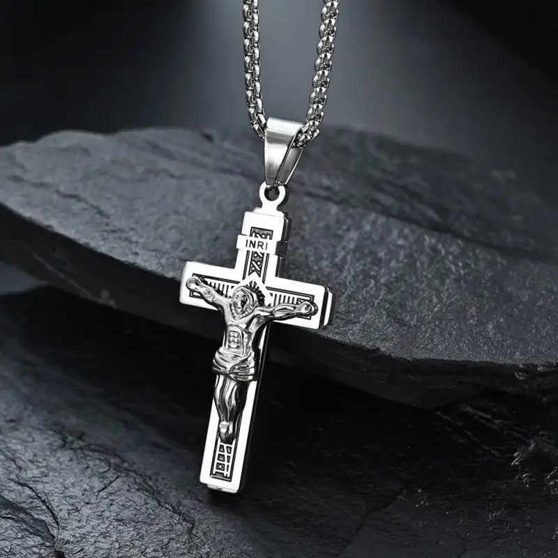 

Silver Color Chain Crucifix Necklace for Men Christ Cross Pendant Amulet Catholic Christian Jewelry Gift