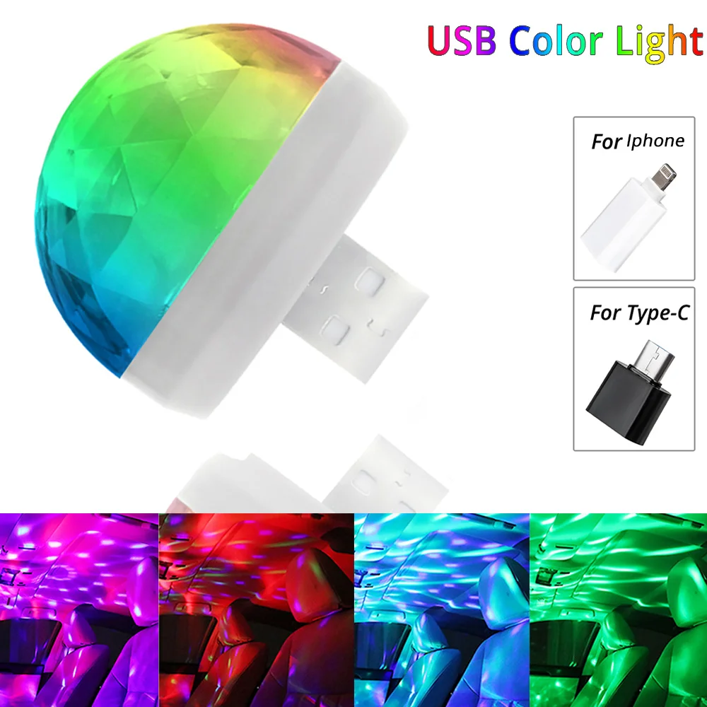 Car USB Ambient Light DJ RGB Mini Colorful Music Sound Led Apple USB Interface Holiday Party Atmosphere Interior Dome Trunk Lamp