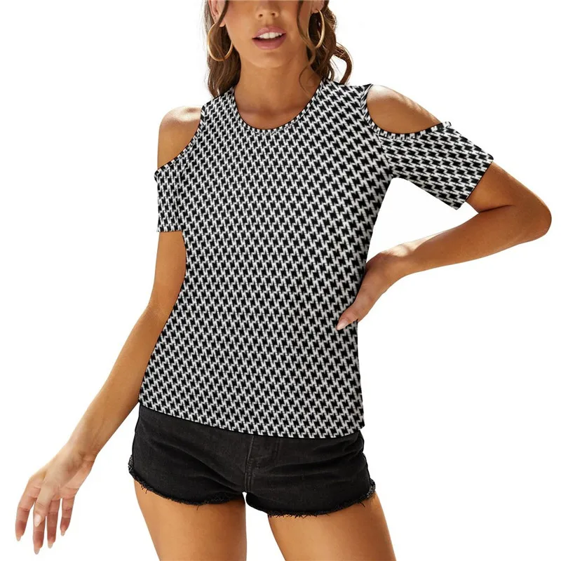 Fashion Bird Lattice T-Shirt Black Bolts Print Short Sleeve Cool T Shirts Cold Shoulder Basic Oversize Tees Print Clothes Gift
