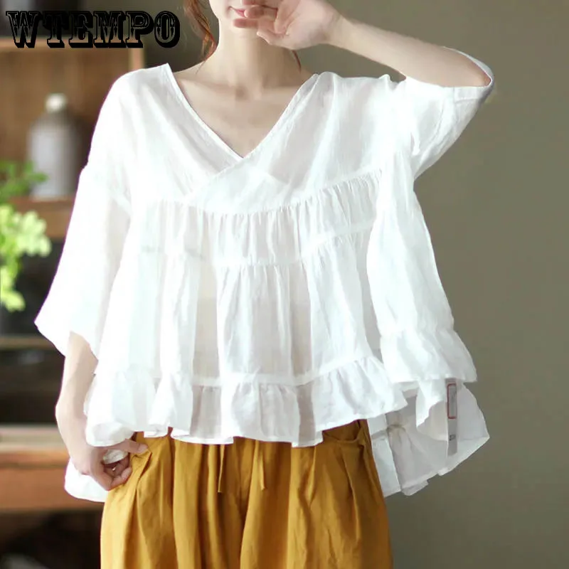 

Blouse Women Tops Ladies Blouses Fashion Cotton Linen Spliced Solid V-Neck Summer Ruffle Top