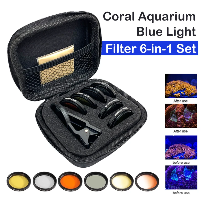 

Aquarium Lens Fish Tank Phone Camera Lens Filter 6 in 1 Macro Lens Yellow Lens Filter Coral Reef Aquarium Universal