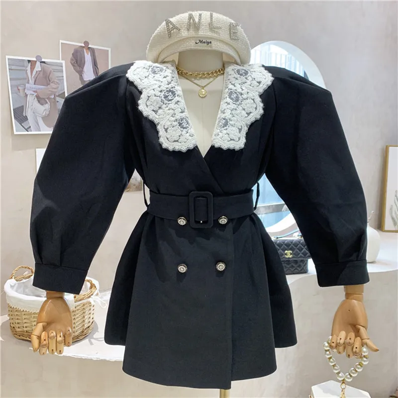 

New Women's Clothing 2022 Spring Lace V-neck waist closing suit Blazers Puff sleeve Coat With belt Lace collar detachable