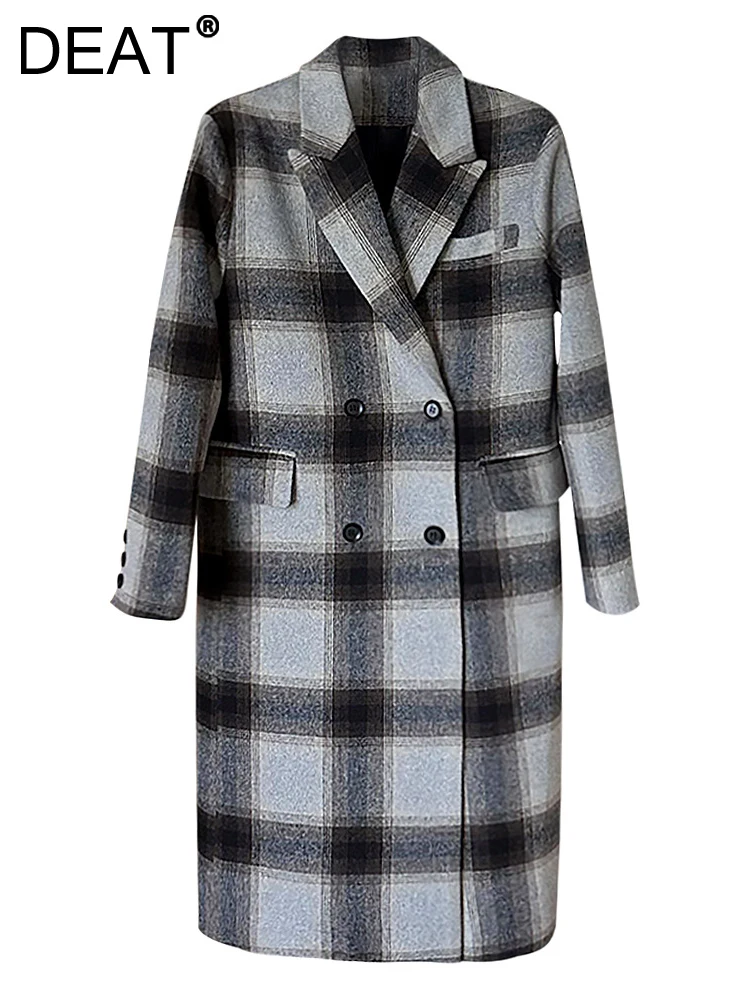 

Женское шерстяное пальто в клетку DEAT, свободное двубортное пальто черного и белого цвета с разрезом сзади и длинными рукавами, осень 2023