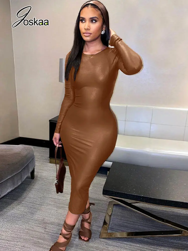 

Joskaa Shiny Round Collar Long Sleeve Back Slit Bodycon Long Dresses for Women 2022 Autumn Streetwear Elegant Party Clubwear