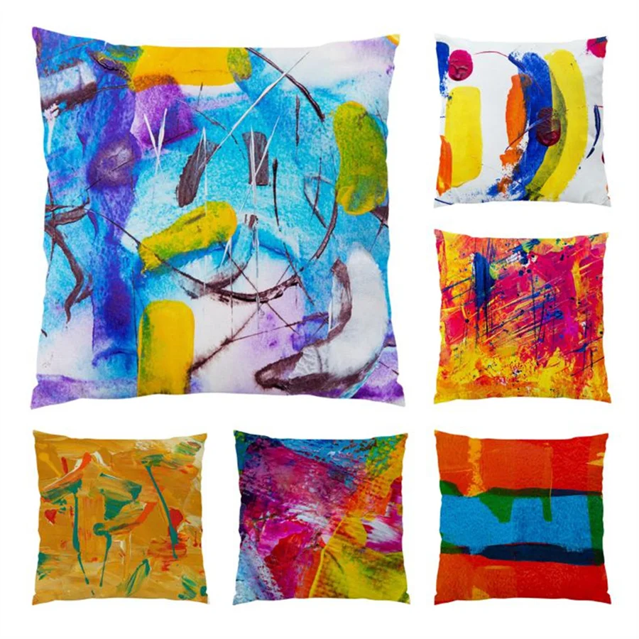 

Artistic Pillowcase Polyester Linen Pillow Covers Decorative Cushion Living Room Decoration Colorful Oil Painting Velvet E0312