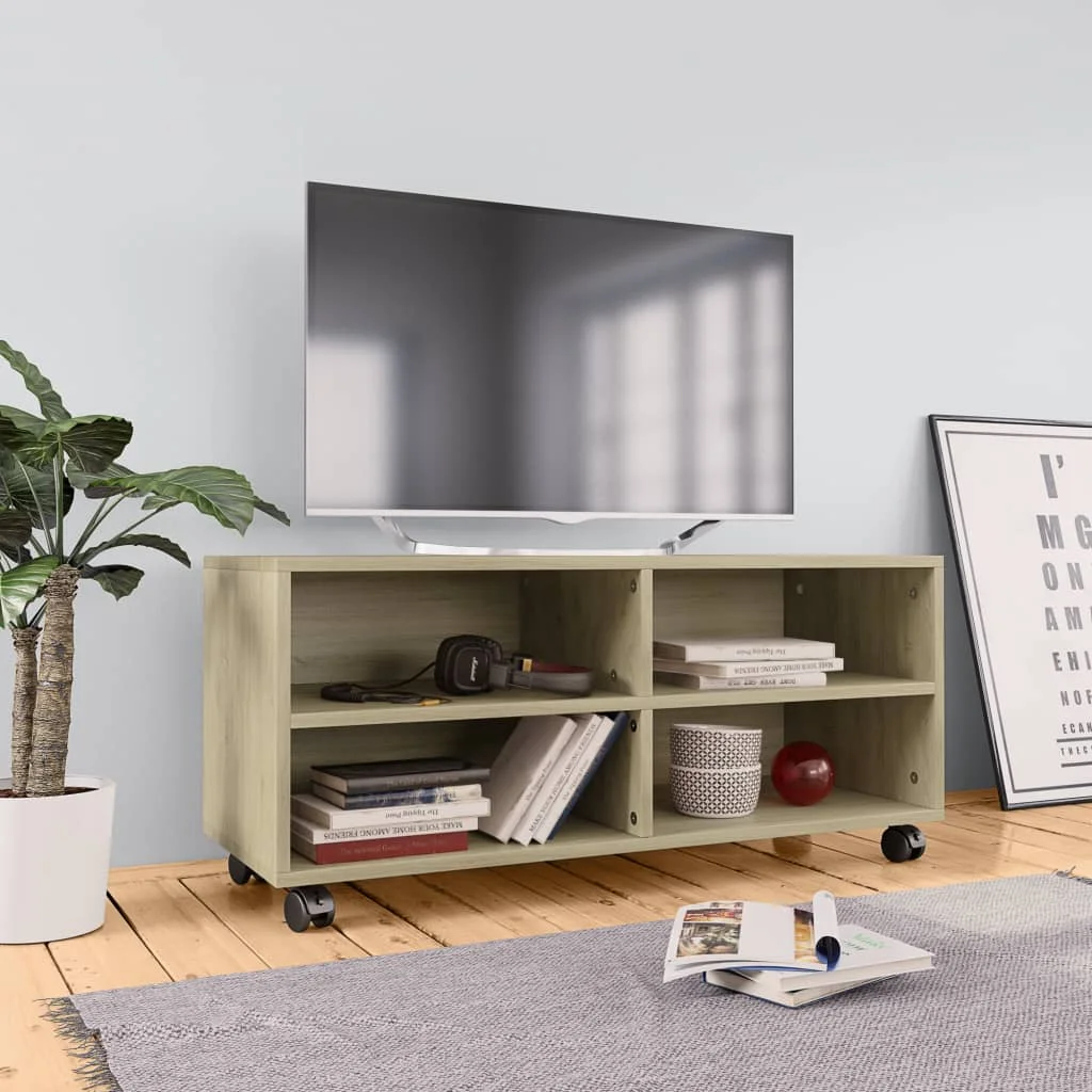 

TV Media Console Television Entertainment Stands Cabinet Table with Castors Sonoma Oak Chipboard