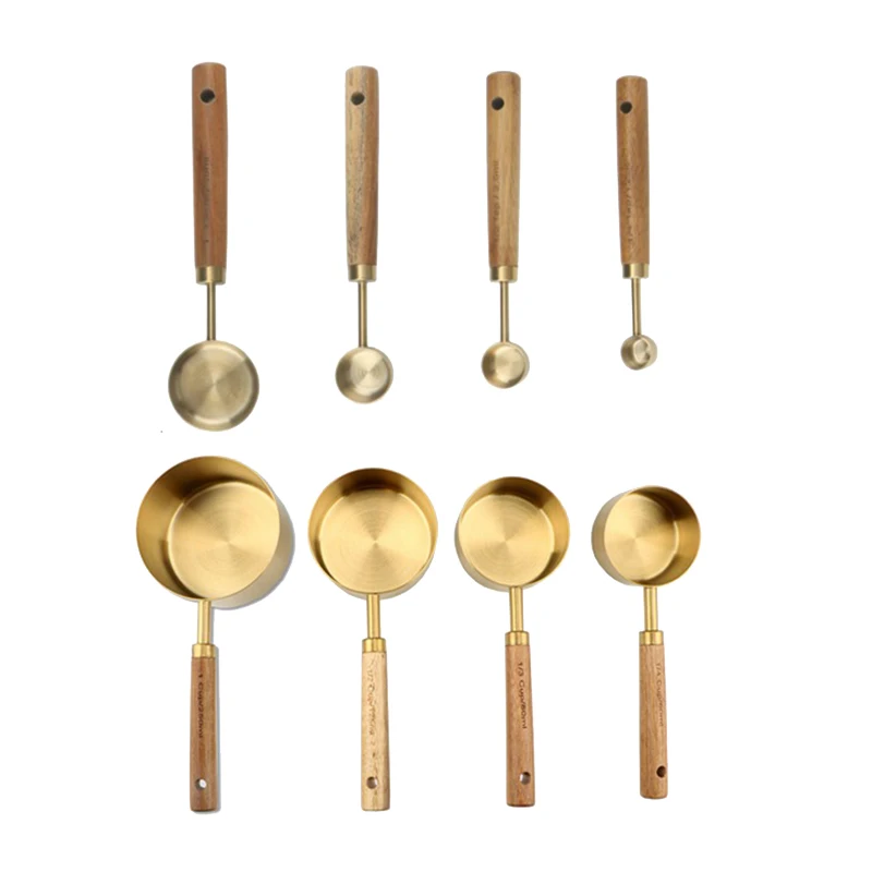 

8Pcs Stainless Steel Measuring Spoons Cups Wooden Handle Kitchen Baking Tools